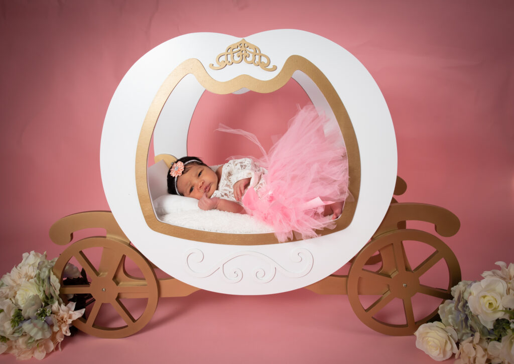 Newborn baby girl in a princess carriage, surrounded by flowers, in a pink tutu. Captured by Neptune, New Jersey Newborn Photographer Shannon Davis Photography. 