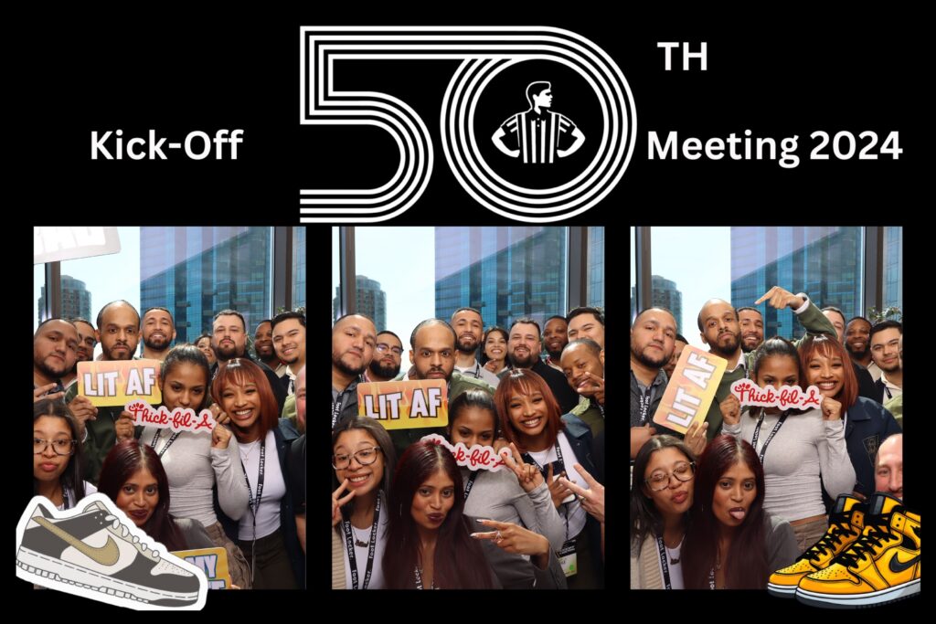 Black template with 3 photos of members of Foot Locker holding photo booth props. 